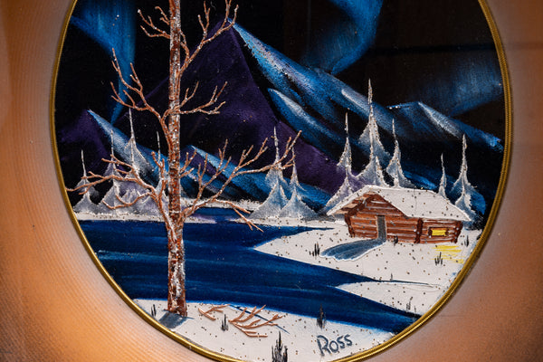 Bob Ross Signed Original Alaskan Northern Lights and Mountain Cabin Painting on Velvet inside Gold Pan