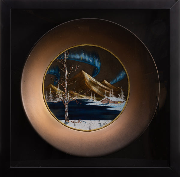 Bob Ross Authentic Original Oil on Velvet inside Gold Pan Painting Alaska Cabin Mountain Scene<br><br>We buy Bob Ross paintings, immediate cash offer