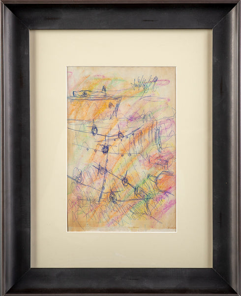 Original Signed Crayon and Ink Airplane Drawing on Paper Contemporary Art