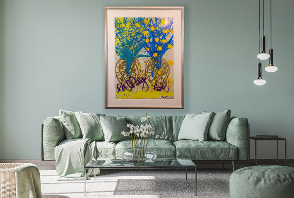 Dale Chihuly Signed Original Double Ikebana Blue and Yellow Watercolor and Acrylic Painting