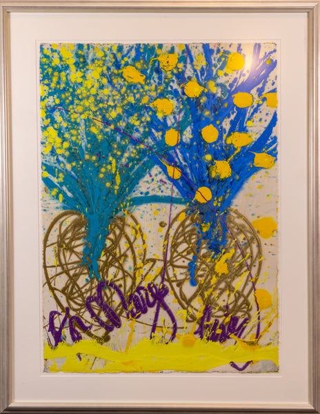 Dale Chihuly Signed Original Double Ikebana Blue and Yellow Watercolor and Acrylic Painting