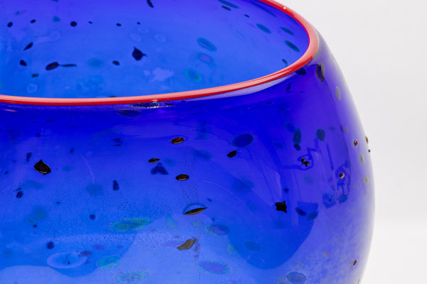 Dale Chihuly Cobalt Blue Basket with Cadmium Red Lip Wrap Sold Out Edition Glass Sculpture