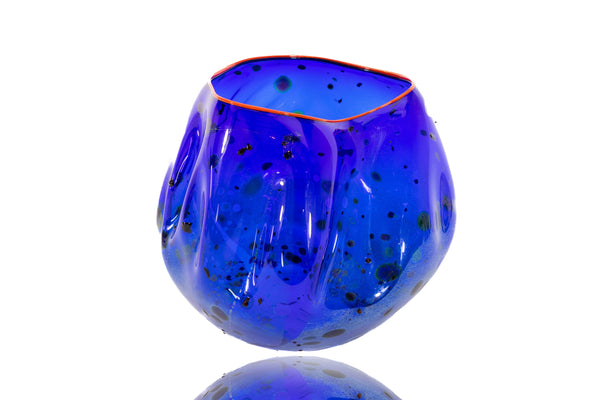 Dale Chihuly Cobalt Blue Basket with Cadmium Red Lip Wrap Glass Sculpture