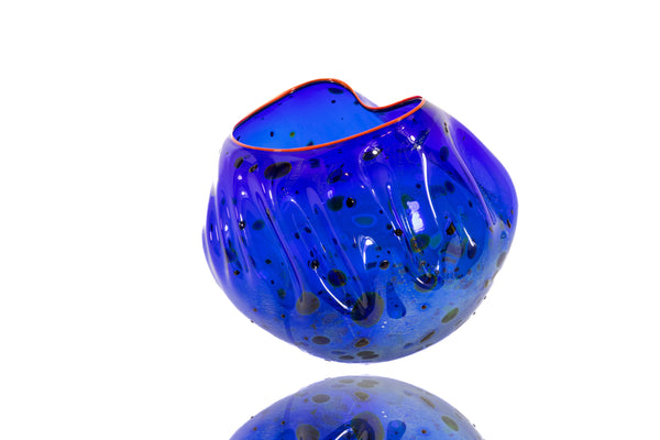 Dale Chihuly Cobalt Blue Basket with Cadmium Red Lip Wrap Sold Out Edition Glass Sculpture