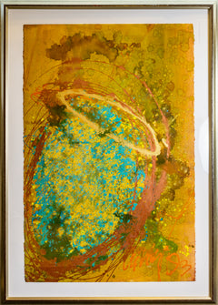 Dale Chihuly Signed Original Untitled Orange, Gold, Blue Macchia Acrylic and Watercolor Painting