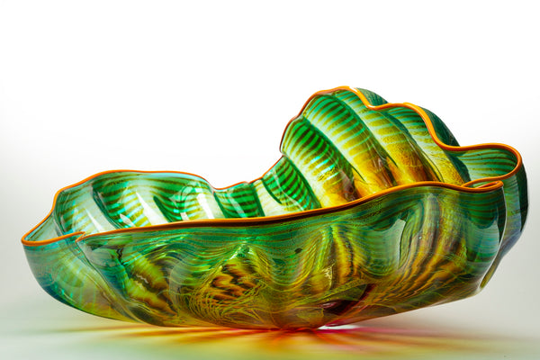 Original Large Fade Green Seaform with Orange Lip Wrap Contemporary, Glass Art