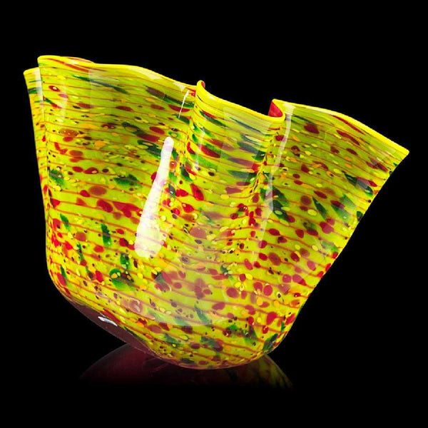 Signed Workshop 2014 Large Yellow & Green Zinnia Macchia with Pink Interior Handblown Glass Contemporary Art Sculpture