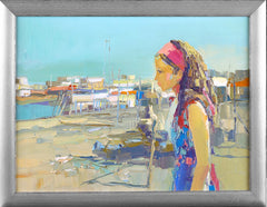 Original Oil Painting Jeune femme a l'Ostia Beach Signed Contemporary Art