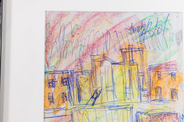 Purvis Young Dual-Sided Signed Original Urban Landscape Crayon and Ink Drawing