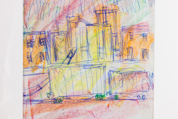 Purvis Young Dual-Sided Signed Original Urban Landscape Crayon and Ink Drawing