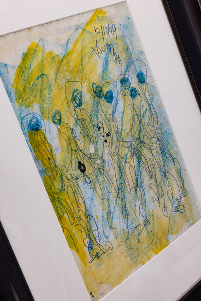 Purvis Young Signed Original Crayon and Ink Dual-Sided Yellow and Blue Figurative Drawing Contemporary Art