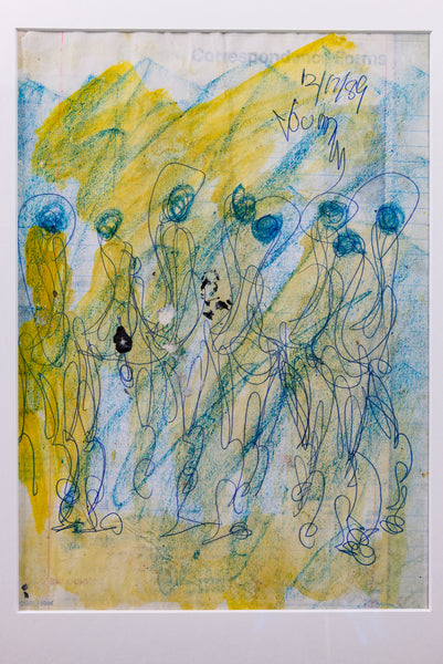 Purvis Young Signed Original Crayon and Ink Dual-Sided Yellow and Blue Figurative Drawing Contemporary Art