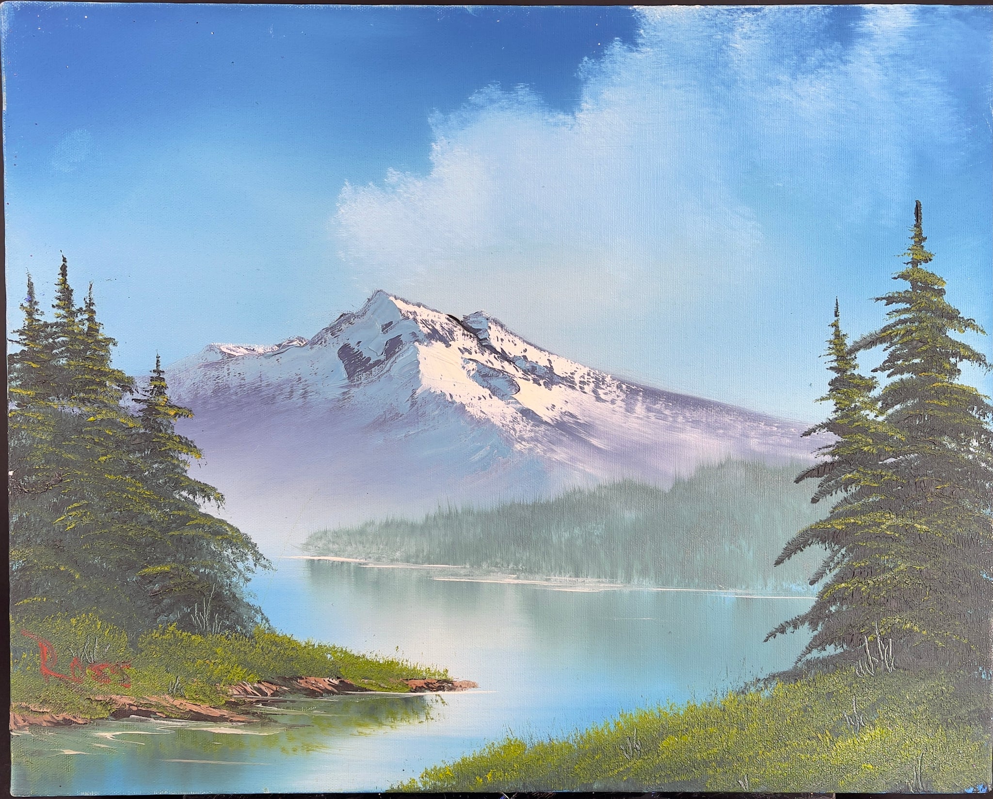 Bob Ross Signed Original Mountain Stream Oil on Canvas 2 Painting Set