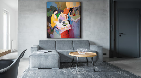 Itzchak Tarkay Extremely Large 60" x 60"  Signed Original Acrylic Painting Ladies Seated at Tables